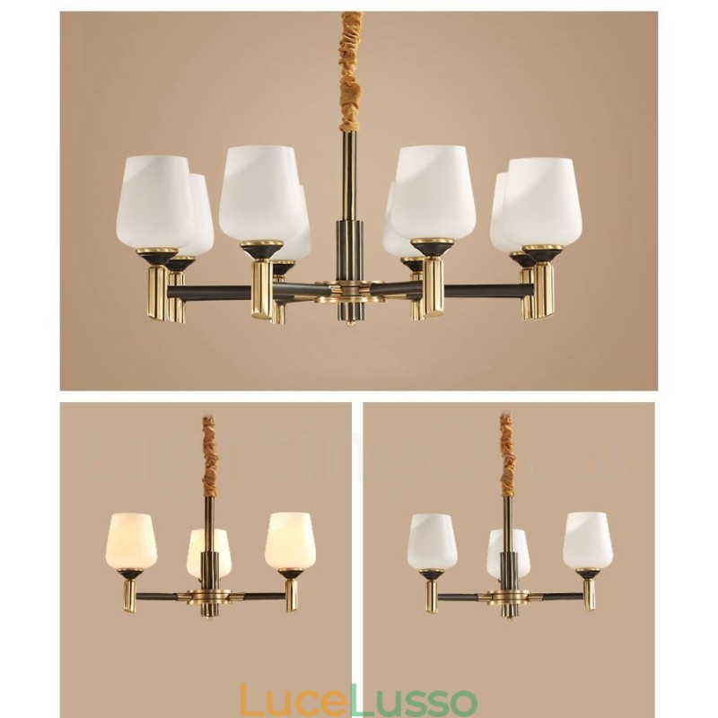 Lampadario a sospensione in ottone puro, grande, rustico, retrò, vintage, con paralumi in vetro