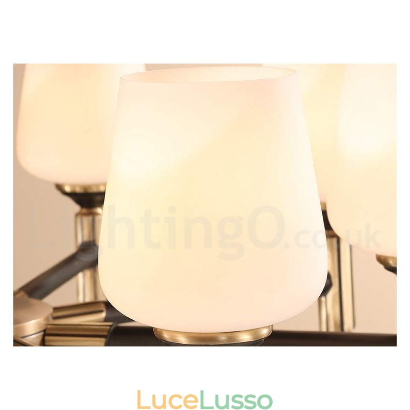 Lampadario a sospensione in ottone puro, grande, rustico, retrò, vintage, con paralumi in vetro