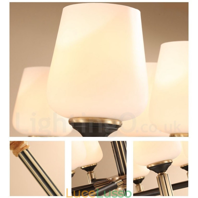Lampadario a sospensione in ottone puro, grande, rustico, retrò, vintage, con paralumi in vetro