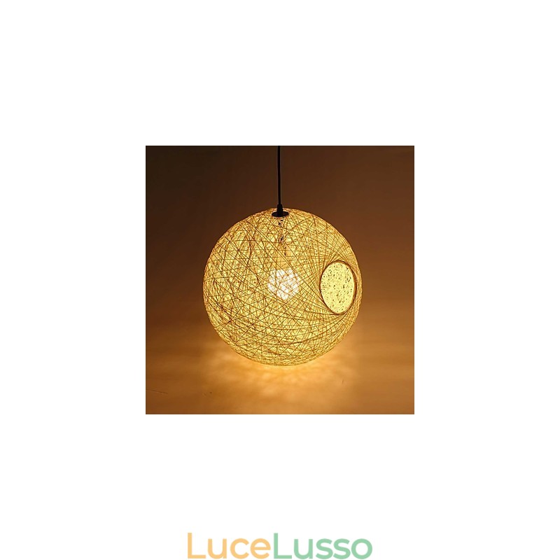 Lampada moderna semplice e rustica in rattan, lampadario a sfera in canapa