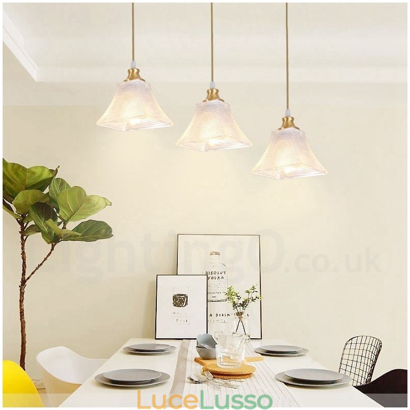 Lampada a sospensione in stile nordico rustico in ottone puro con paralume in vetro