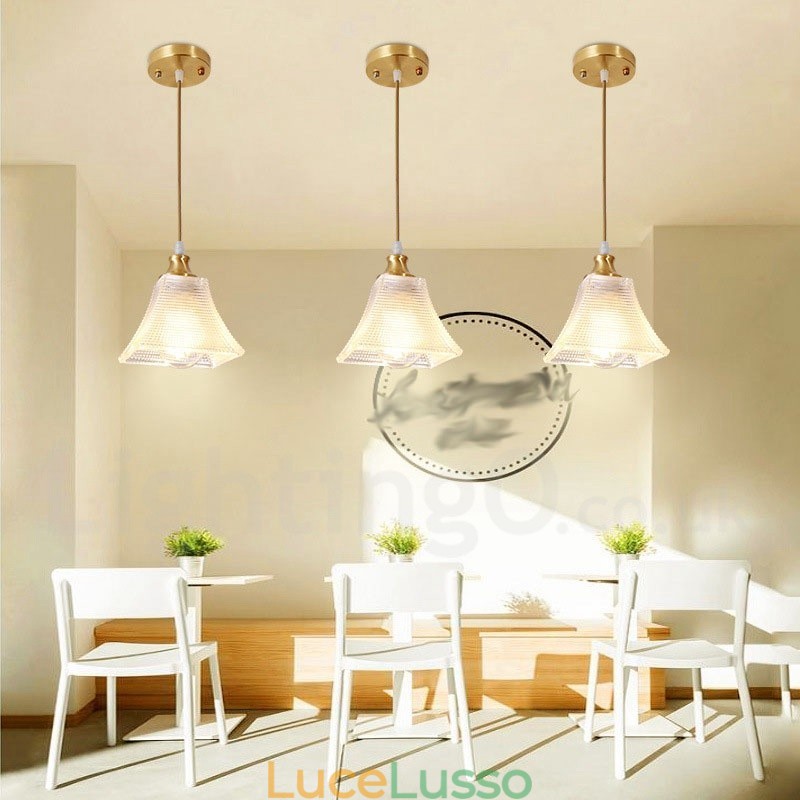 Lampada a sospensione in stile nordico rustico in ottone puro con paralume in vetro