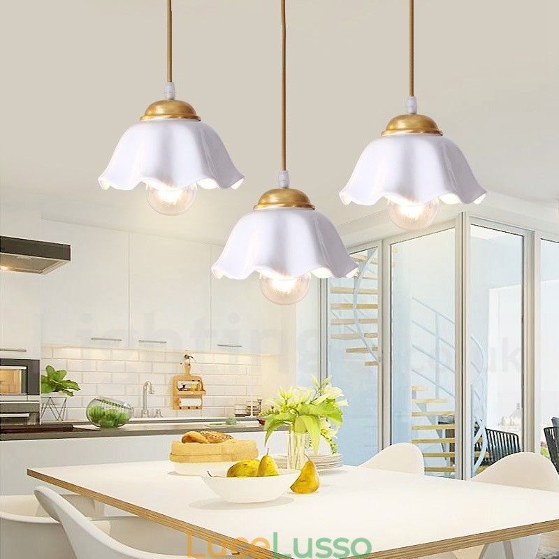Lampada a sospensione in stile nordico rustico in ottone puro con paralume in ceramica