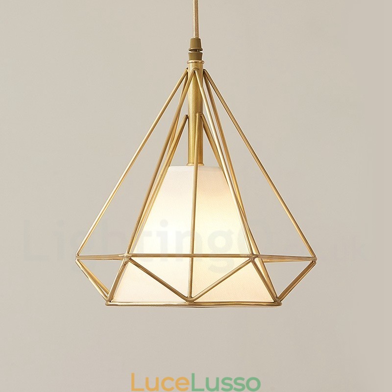 Lampada a sospensione in stile nordico rustico in ottone puro con paralume in tessuto