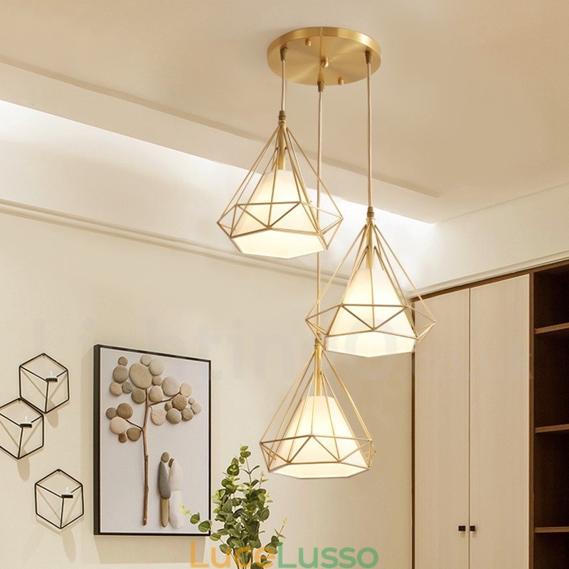 Lampada a sospensione in stile nordico rustico in ottone puro con paralume in tessuto
