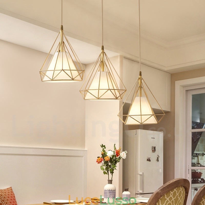 Lampada a sospensione in stile nordico rustico in ottone puro con paralume in tessuto