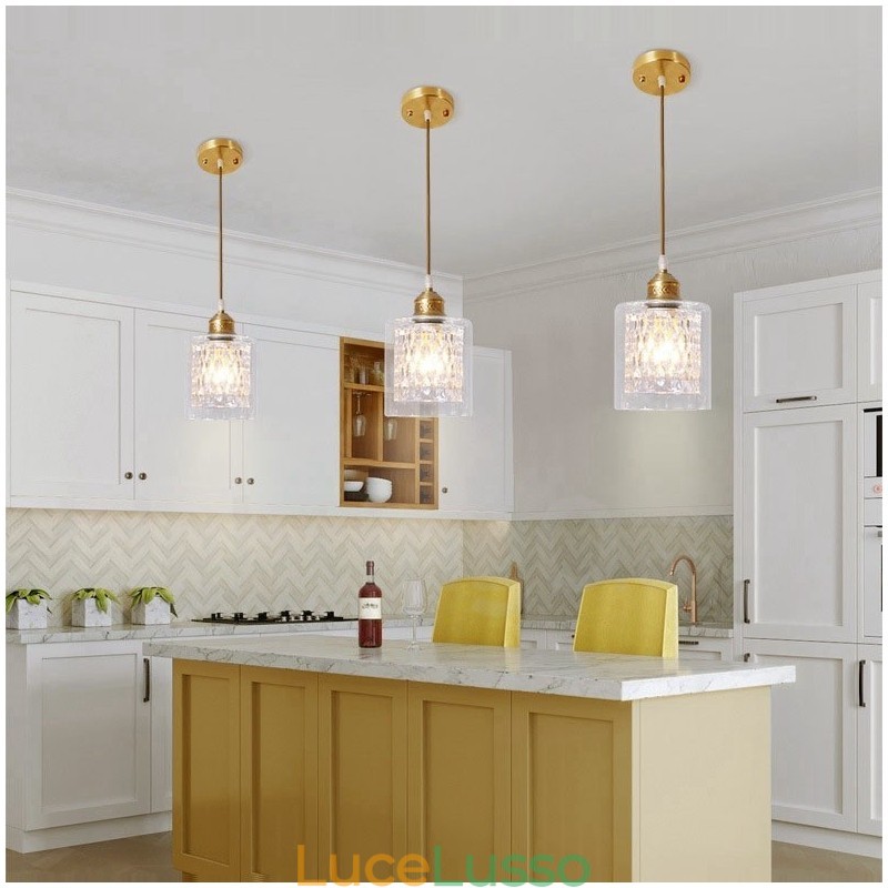 Lampada a sospensione in stile nordico rustico in ottone puro con paralume in vetro