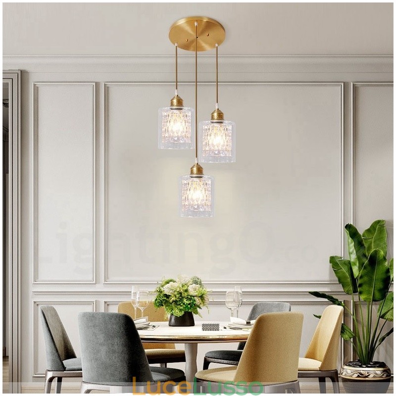 Lampada a sospensione in stile nordico rustico in ottone puro con paralume in vetro