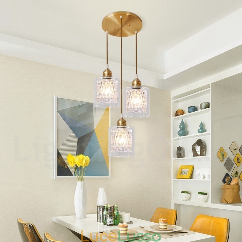 Lampada a sospensione in stile nordico rustico in ottone puro con paralume in vetro