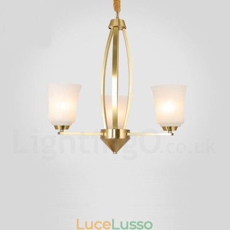 Lampadario a sospensione rustico retrò vintage in ottone puro a 3 luci, grande e lussuoso, con paralumi in vetro Lampadario a sospensione rustico retrò vintage in ottone puro a 3 luci, grande e lussuoso, con paralumi in vetro