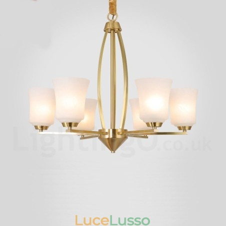 Lampadario a sospensione rustico retrò vintage in ottone puro da 6 luci, grande e lussuoso, con paralumi in vetro Lampadario a sospensione rustico retrò vintage in ottone puro da 6 luci, grande e lussuoso, con paralumi in vetro