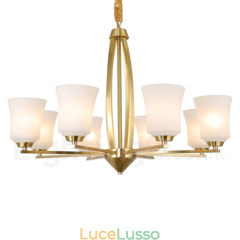 Lampadario a sospensione rustico retrò vintage in ottone puro con 8 luci, grande e lussuoso, con paralumi in vetro