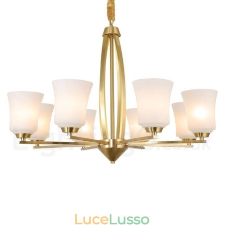 Lampadario a sospensione rustico retrò vintage in ottone puro con 8 luci, grande e lussuoso, con paralumi in vetro Lampadario a sospensione rustico retrò vintage in ottone puro con 8 luci, grande e lussuoso, con paralumi in vetro