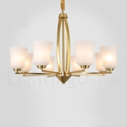 Lampadario a sospensione rustico retrò vintage in ottone puro con 8 luci, grande e lussuoso, con paralumi in vetro