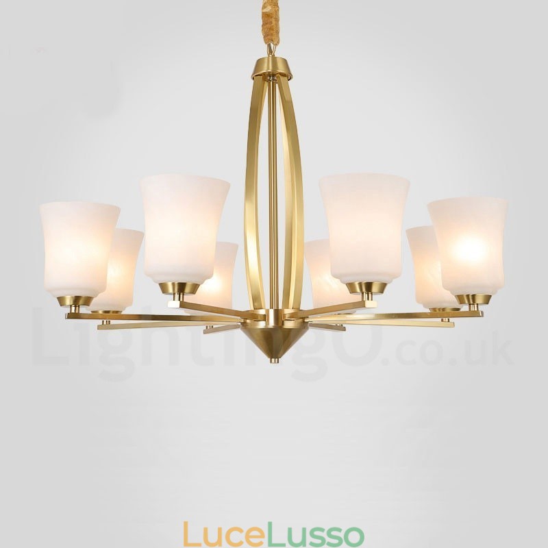 Lampadario a sospensione rustico retrò vintage in ottone puro con 8 luci, grande e lussuoso, con paralumi in vetro