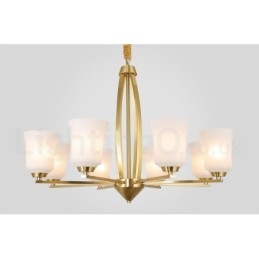 Lampadario a sospensione rustico retrò vintage in ottone puro con 8 luci, grande e lussuoso, con paralumi in vetro