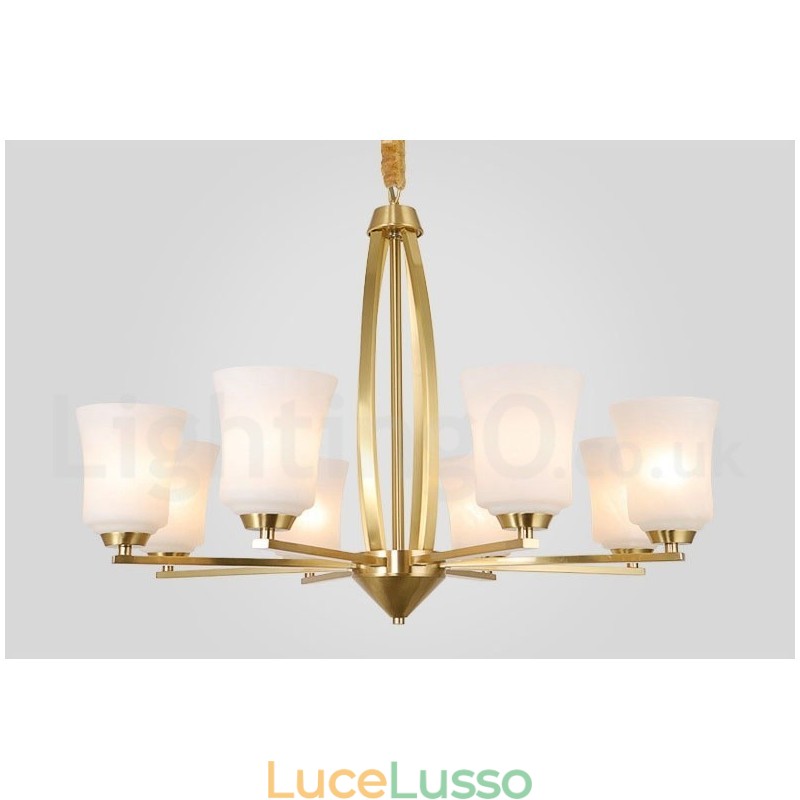 Lampadario a sospensione rustico retrò vintage in ottone puro con 8 luci, grande e lussuoso, con paralumi in vetro
