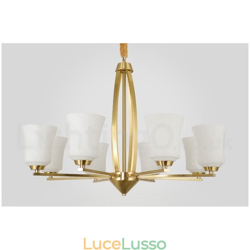 Lampadario a sospensione rustico retrò vintage in ottone puro con 8 luci, grande e lussuoso, con paralumi in vetro