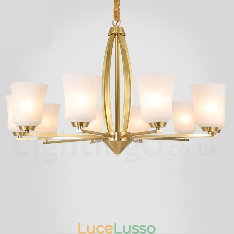 Lampadario a sospensione retrò vintage in ottone con paralumi in vetro