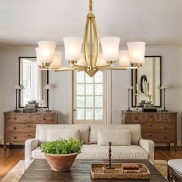 Lampadario a sospensione retrò vintage in ottone con paralumi in vetro