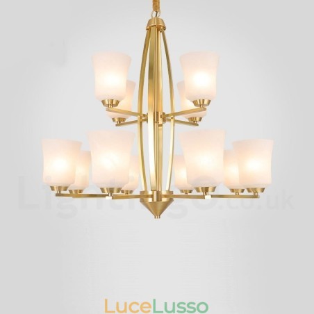 Lampadario a sospensione rustico retrò vintage in ottone puro da 12 luci, grande, lussuoso, con paralumi in vetro Lampadario a sospensione rustico retrò vintage in ottone puro da 12 luci, grande, lussuoso, con paralumi in vetro