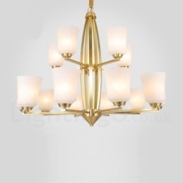 Lampadario a sospensione in ottone puro, grande, rustico, retrò, vintage, con 15 luci e paralumi in vetro