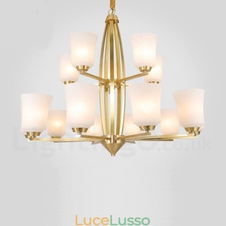 Lampadario a sospensione in ottone puro, grande, rustico, retrò, vintage, con 15 luci e paralumi in vetro Lampadario a sospensione in ottone puro, grande, rustico, retrò, vintage, con 15 luci e paralumi in vetro