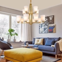 Lampadario a sospensione in ottone puro, grande, rustico, retrò, vintage, con 15 luci e paralumi in vetro