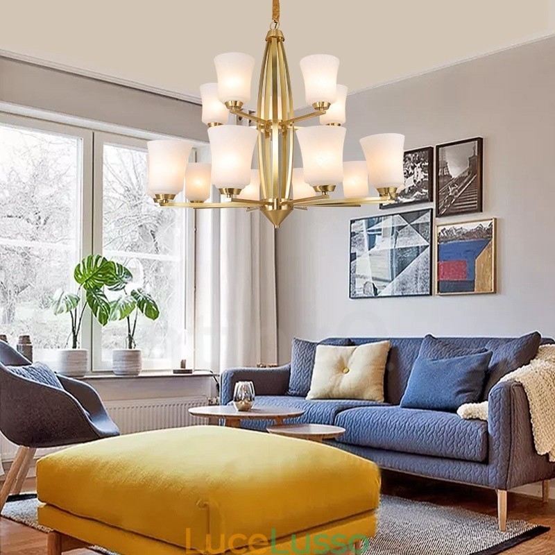 Lampadario a sospensione in ottone puro, grande, rustico, retrò, vintage, con 15 luci e paralumi in vetro