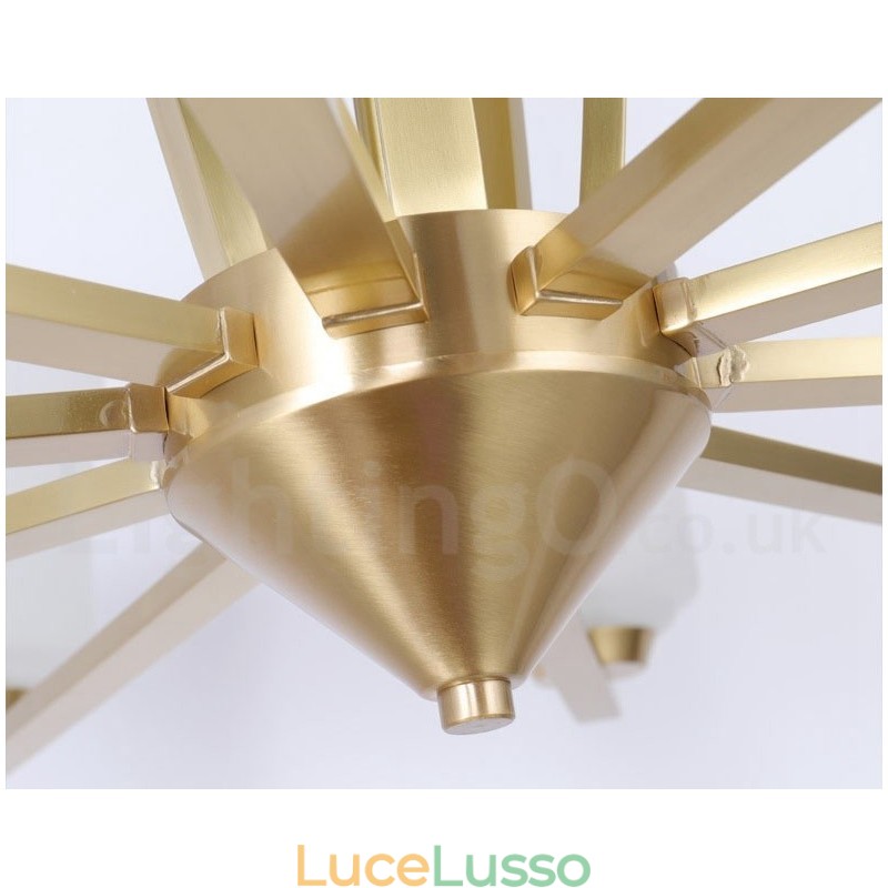 Lampadario a sospensione in ottone puro, grande, rustico, retrò, vintage, con 15 luci e paralumi in vetro