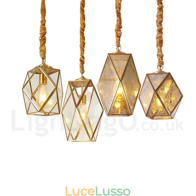 Lampada a sospensione in stile nordico rustico in ottone puro con paralume in vetro