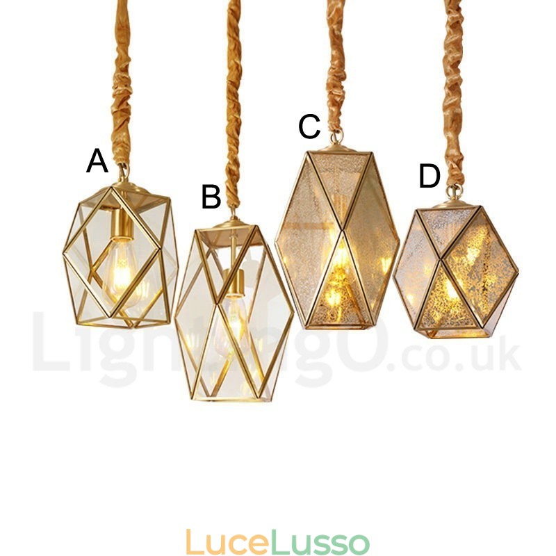 Lampada a sospensione in stile nordico rustico in ottone puro con paralume in vetro