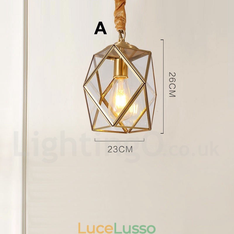 Lampada a sospensione in stile nordico rustico in ottone puro con paralume in vetro