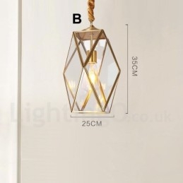 Lampada a sospensione in stile nordico rustico in ottone puro con paralume in vetro