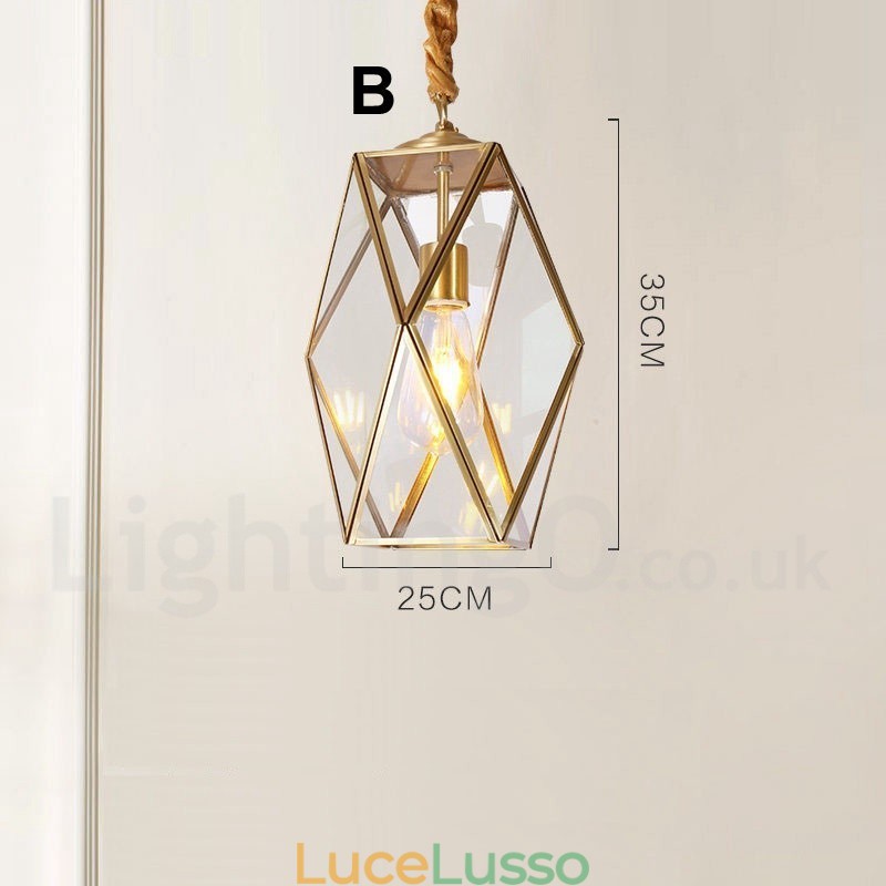 Lampada a sospensione in stile nordico rustico in ottone puro con paralume in vetro