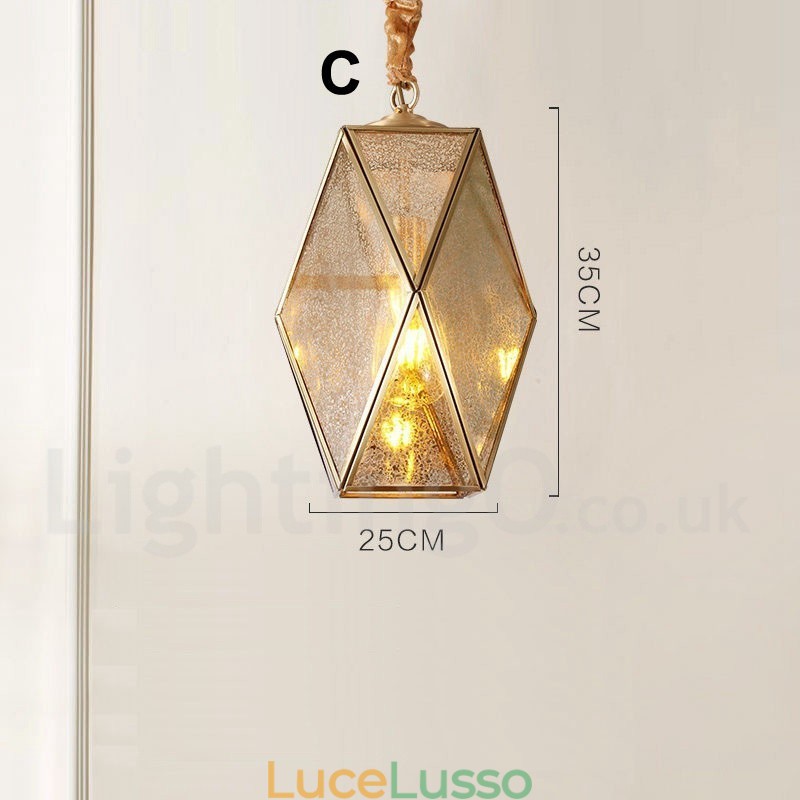 Lampada a sospensione in stile nordico rustico in ottone puro con paralume in vetro