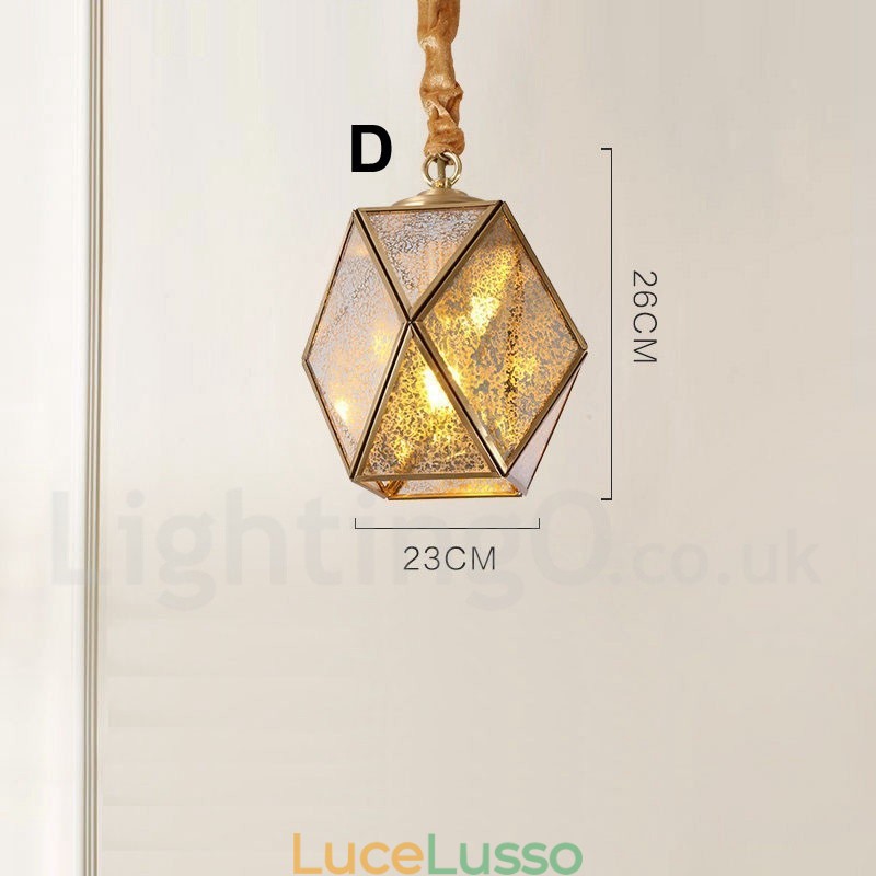Lampada a sospensione in stile nordico rustico in ottone puro con paralume in vetro