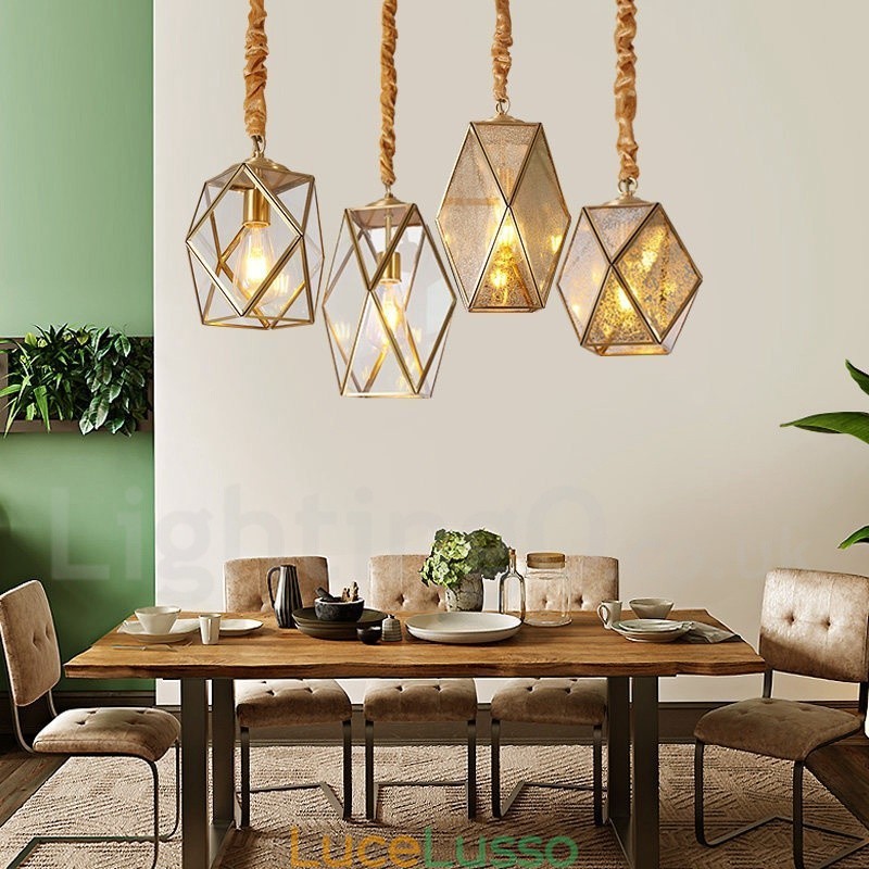 Lampada a sospensione in stile nordico rustico in ottone puro con paralume in vetro