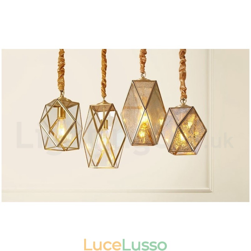 Lampada a sospensione in stile nordico rustico in ottone puro con paralume in vetro