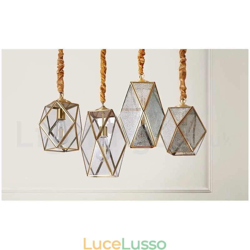 Lampada a sospensione in stile nordico rustico in ottone puro con paralume in vetro