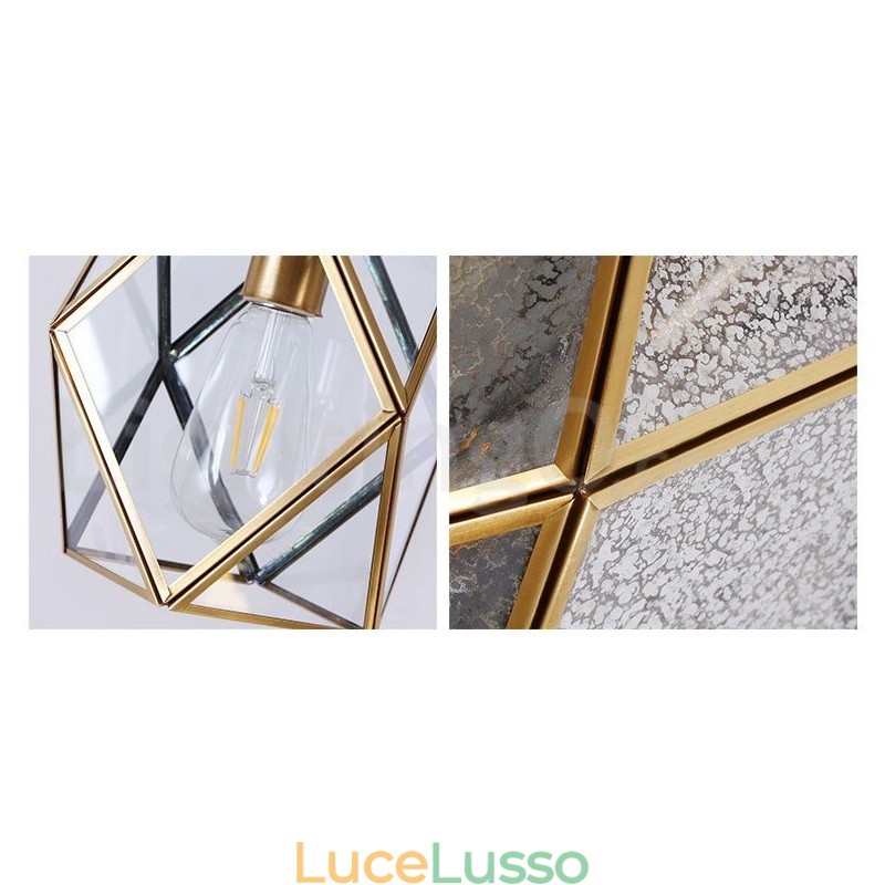 Lampada a sospensione in stile nordico rustico in ottone puro con paralume in vetro