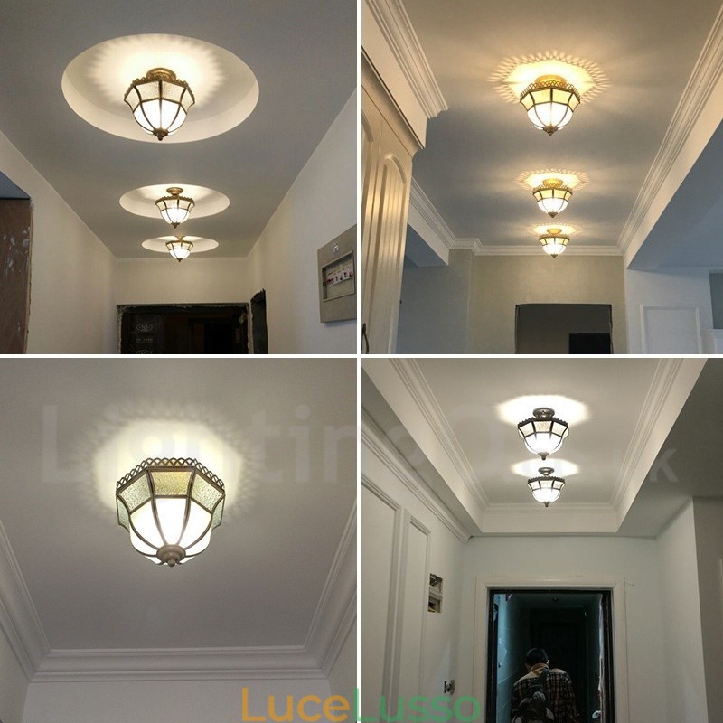 Lampada da soffitto a filo in stile nordico rustico in ottone puro con paralume in vetro