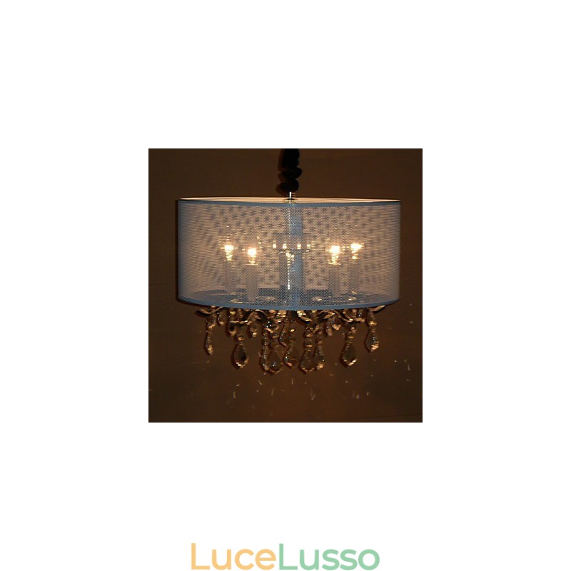 Lampada a sospensione in cristallo contemporaneo con 5 luci e paralume semitrasparente
