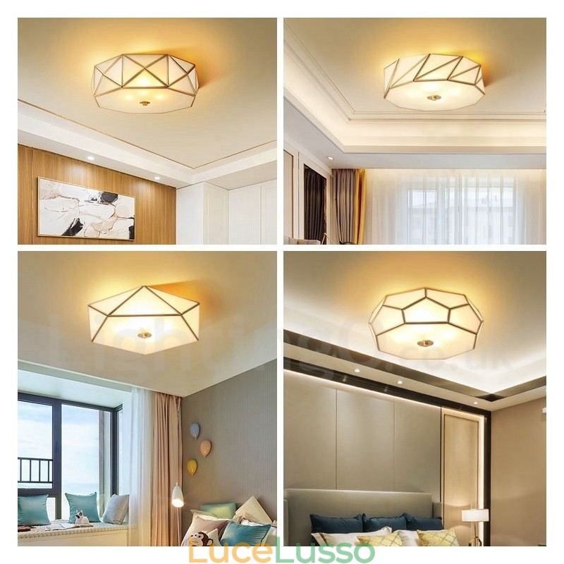 Lampada da soffitto a filo in stile nordico rustico in ottone puro con paralume in vetro