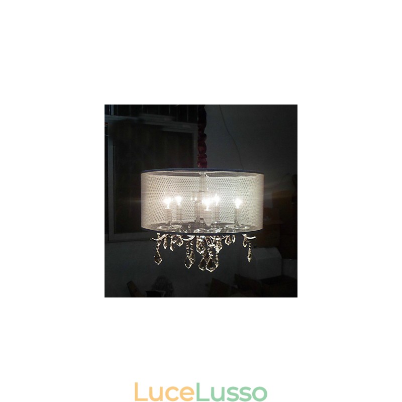 Lampada a sospensione in cristallo contemporaneo con 5 luci e paralume semitrasparente