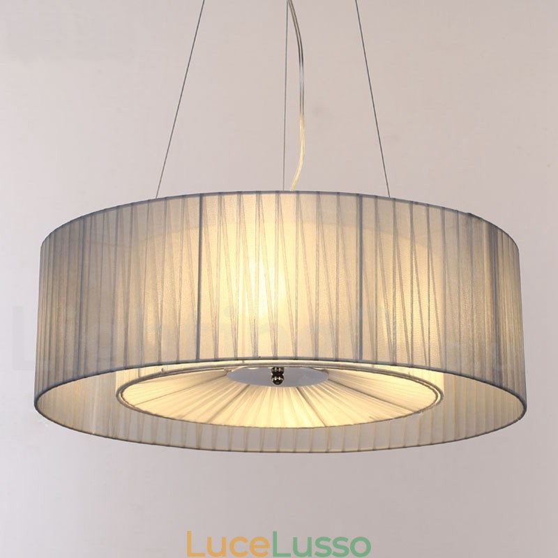 Lampada a sospensione moderna Drum 4 Light con paralume in tessuto