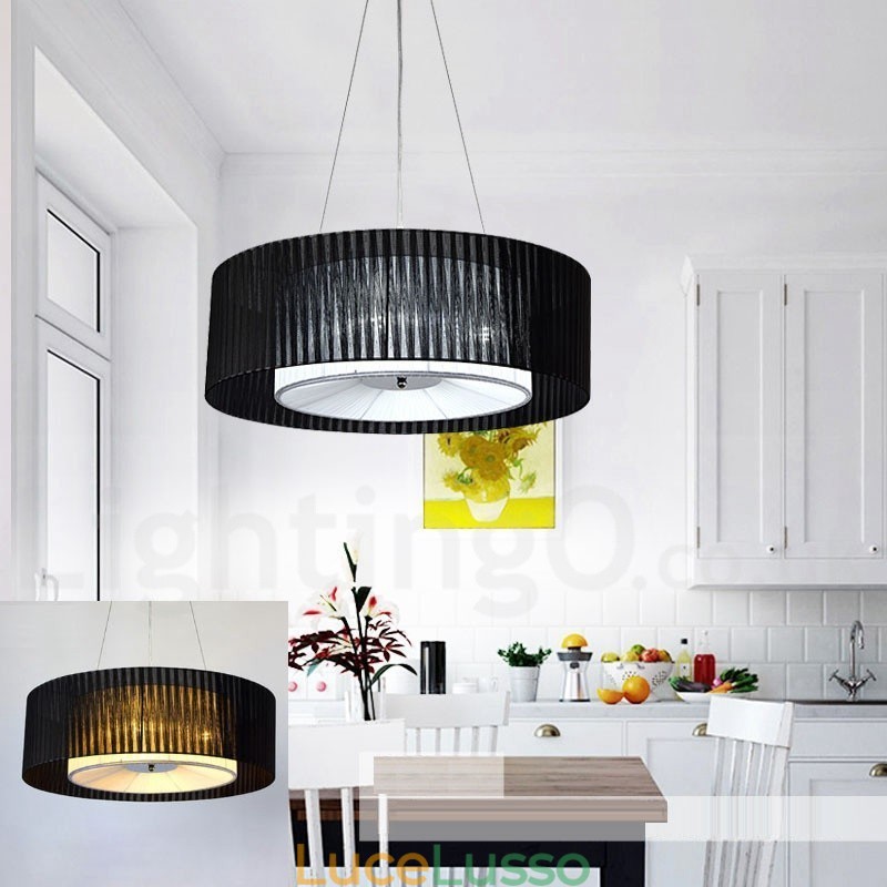 Lampada a sospensione moderna Drum 4 Light con paralume in tessuto