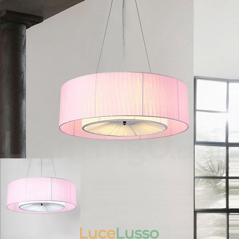 Lampada a sospensione moderna Drum 4 Light con paralume in tessuto