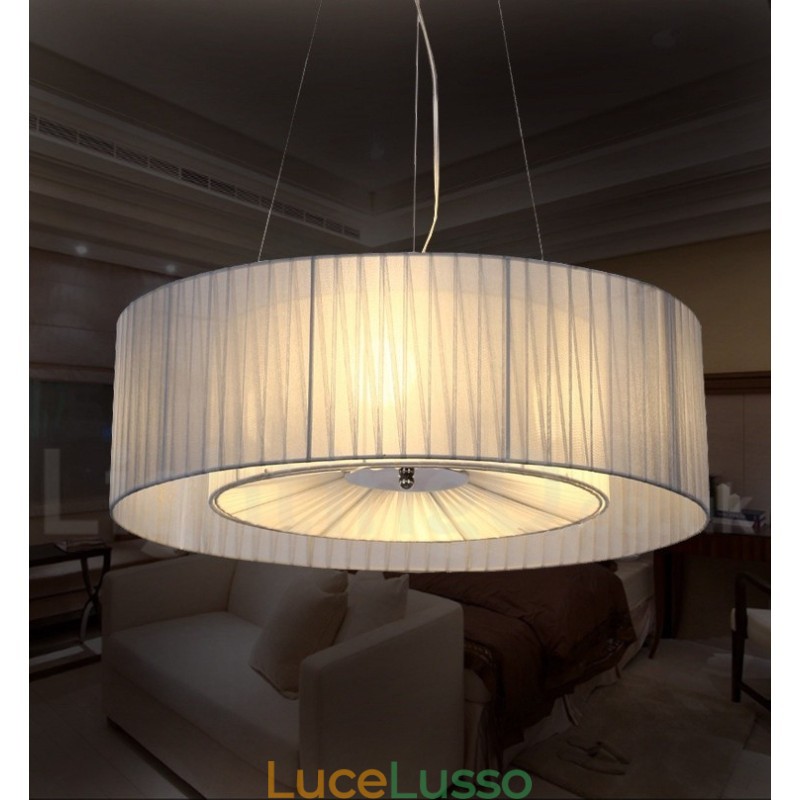 Lampada a sospensione moderna Drum 4 Light con paralume in tessuto
