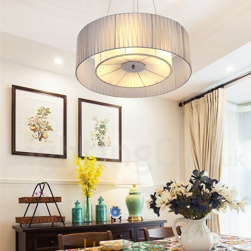 Lampada a sospensione moderna Drum 4 Light con paralume in tessuto
